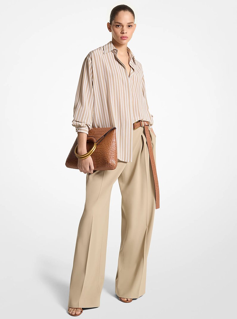 Striped Silk Crepe De Chine Boyfriend Shirt in Sand/Opt Wht | Michael Kors