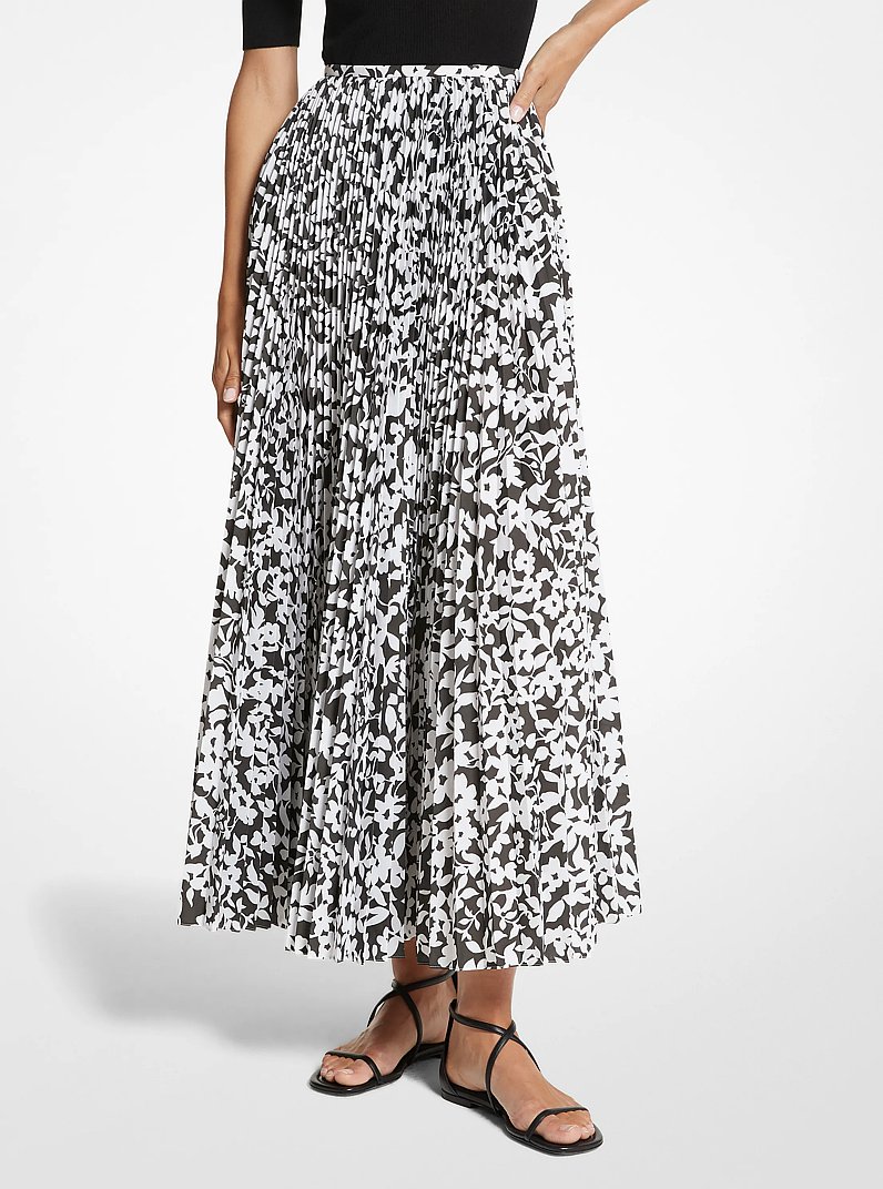 Floral Poplin Pleated Skirt in BLACK/WHITE | Michael Kors