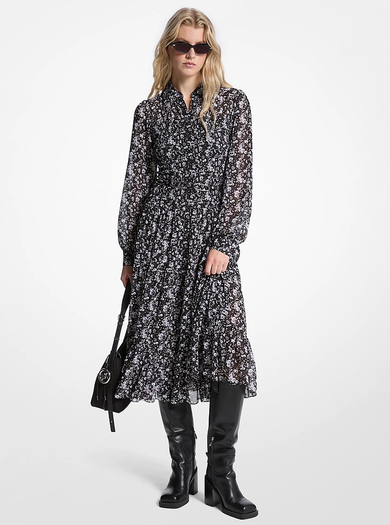 michael kors carnation georgette shirt dress Floral Print Smocked Georgette Shirtdress in GUNMETAL - Sale