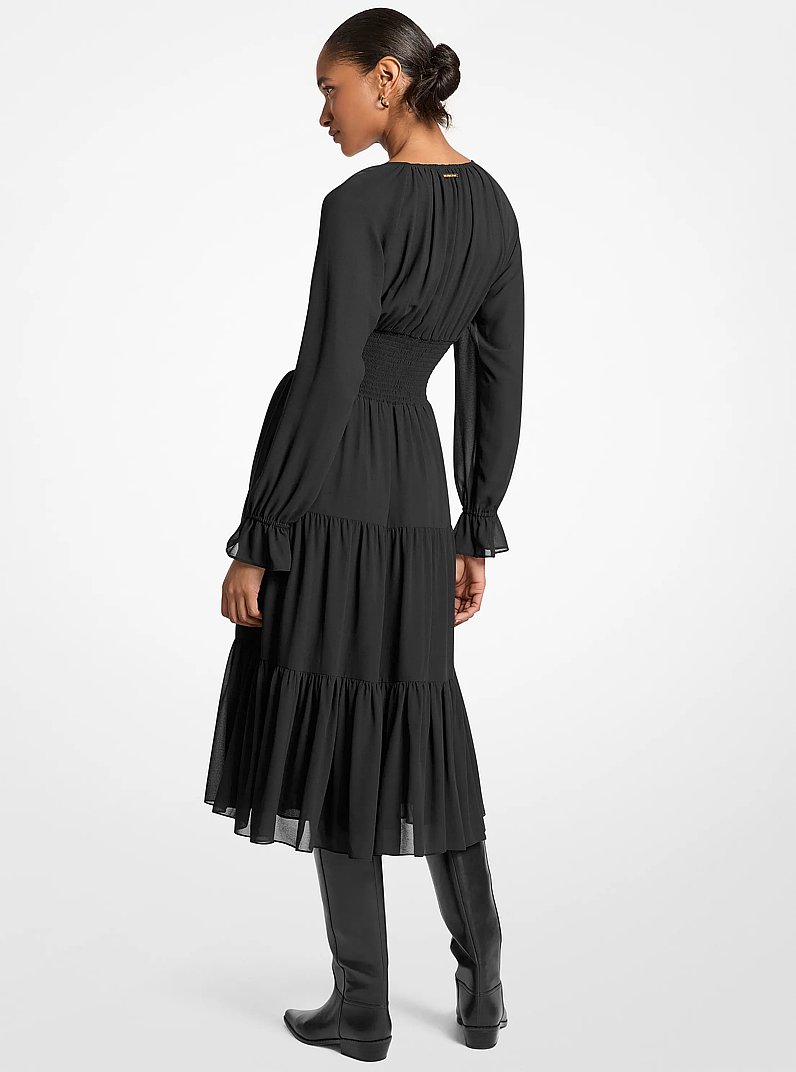 Smocked Georgette Midi Dress in BLACK | Michael Kors