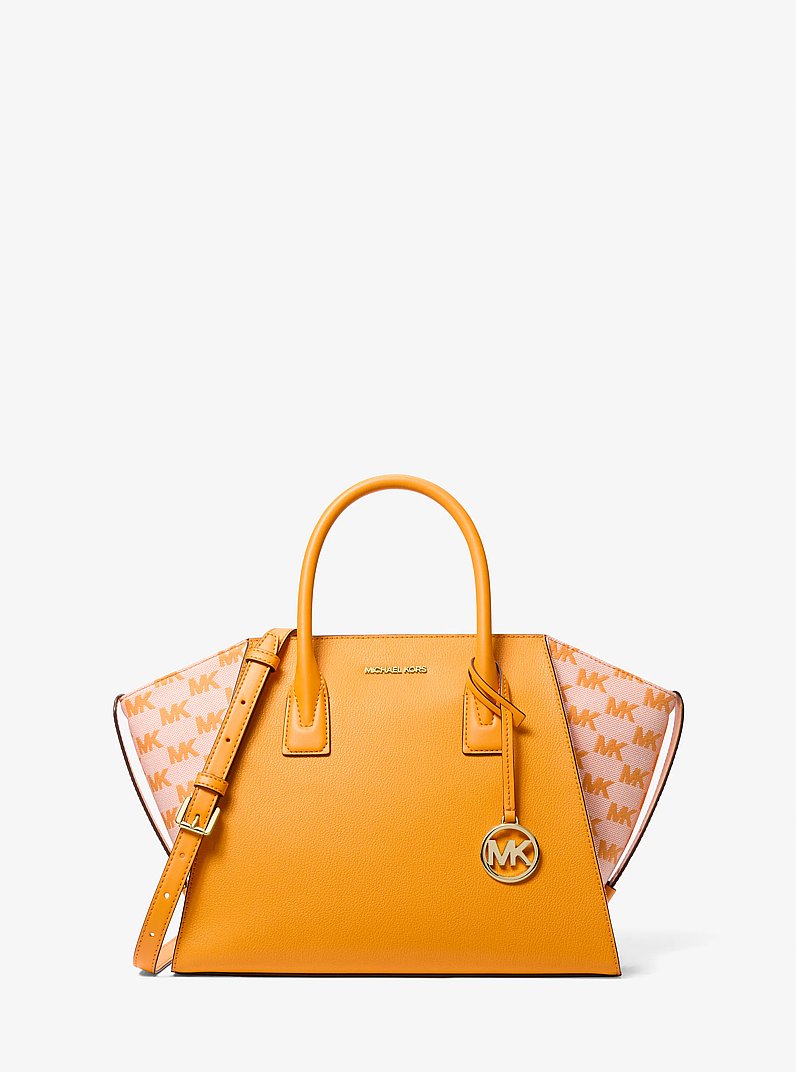 Avril Large Leather and Logo Jacquard Satchel in POP ORANGE | Michael Kors