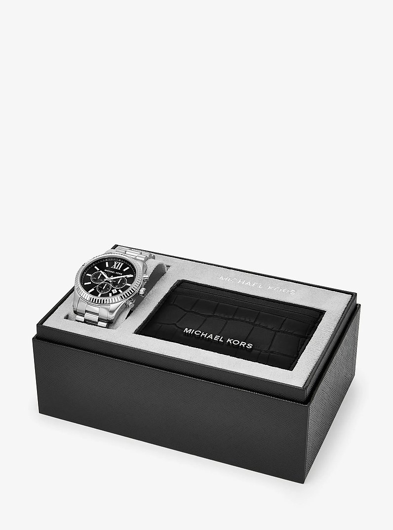 Oversized Lexington Silver-Tone Watch and Crocodile-Embossed Leather Card Case Gift Set in SILVER | Michael Kors