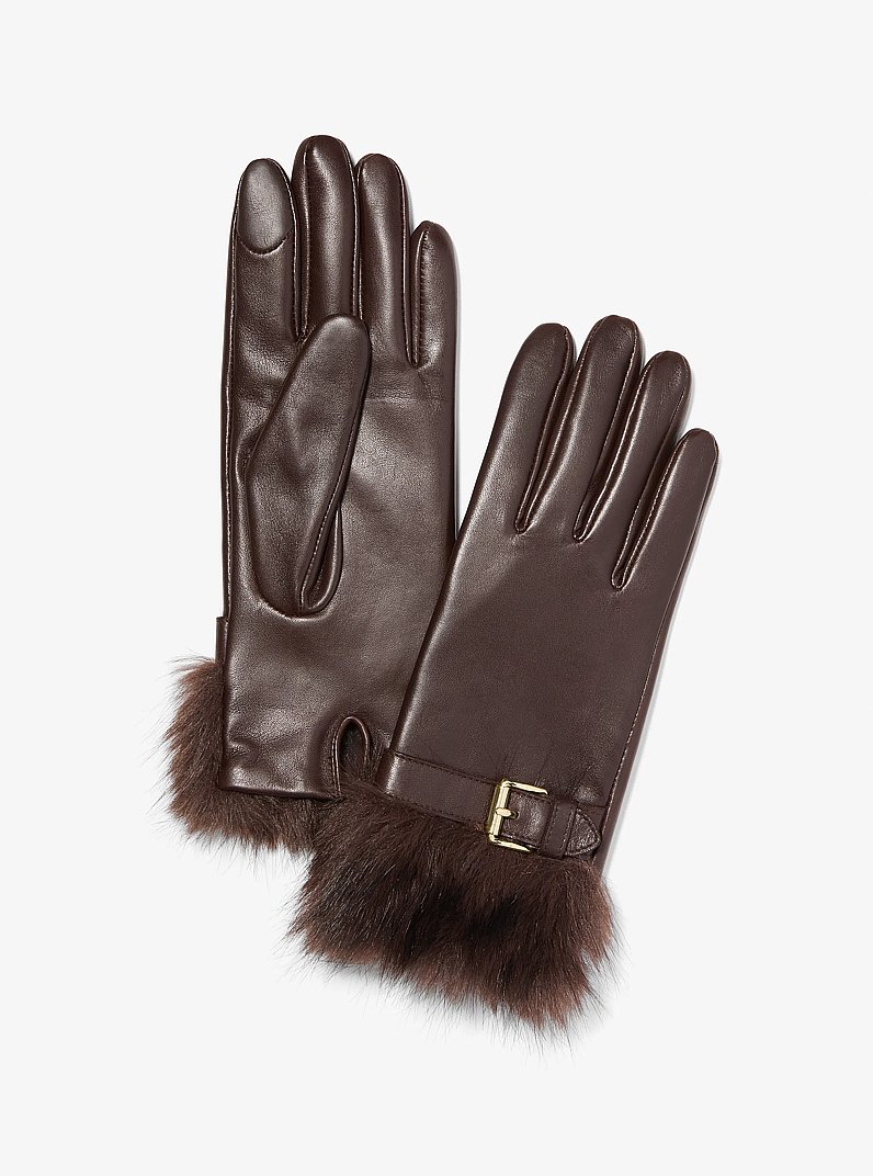 Gants en cuir &agrave; manchettes en fausse fourrure in CHOCOLAT | Michael Kors