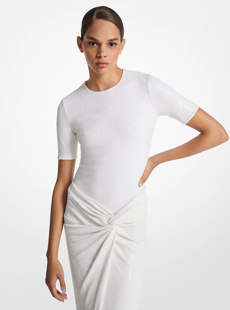 Sequin Stretch Matte Jersey Bodysuit in OPTIC WHITE | Michael Kors