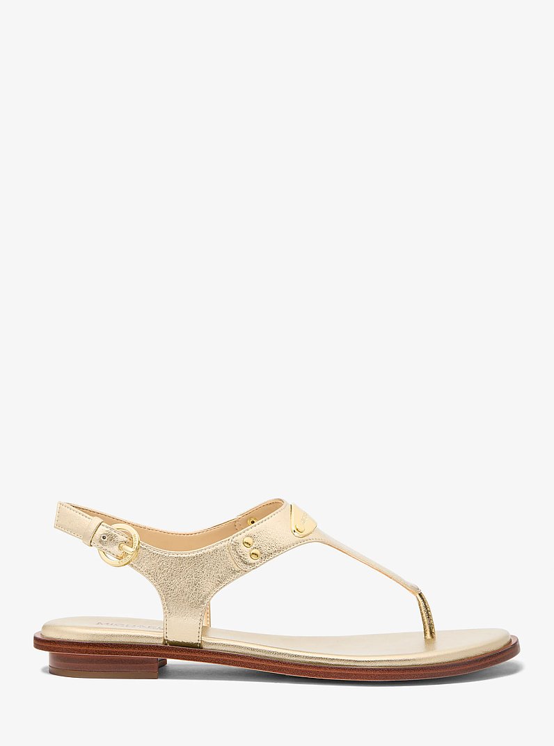 Metallic Logo Plate T-Strap Sandal in PALE GOLD | Michael Kors
