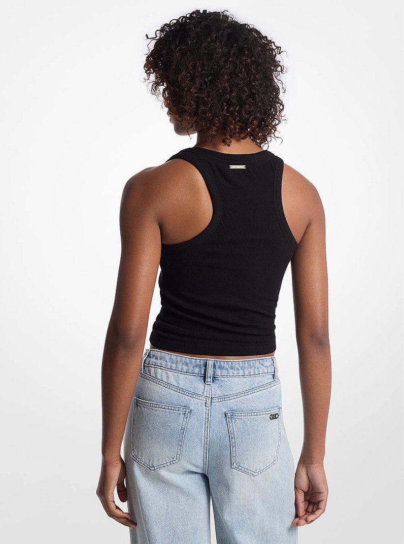 Tie-Front Ribbed Stretch Knit Tank Top in BLACK | Michael Kors