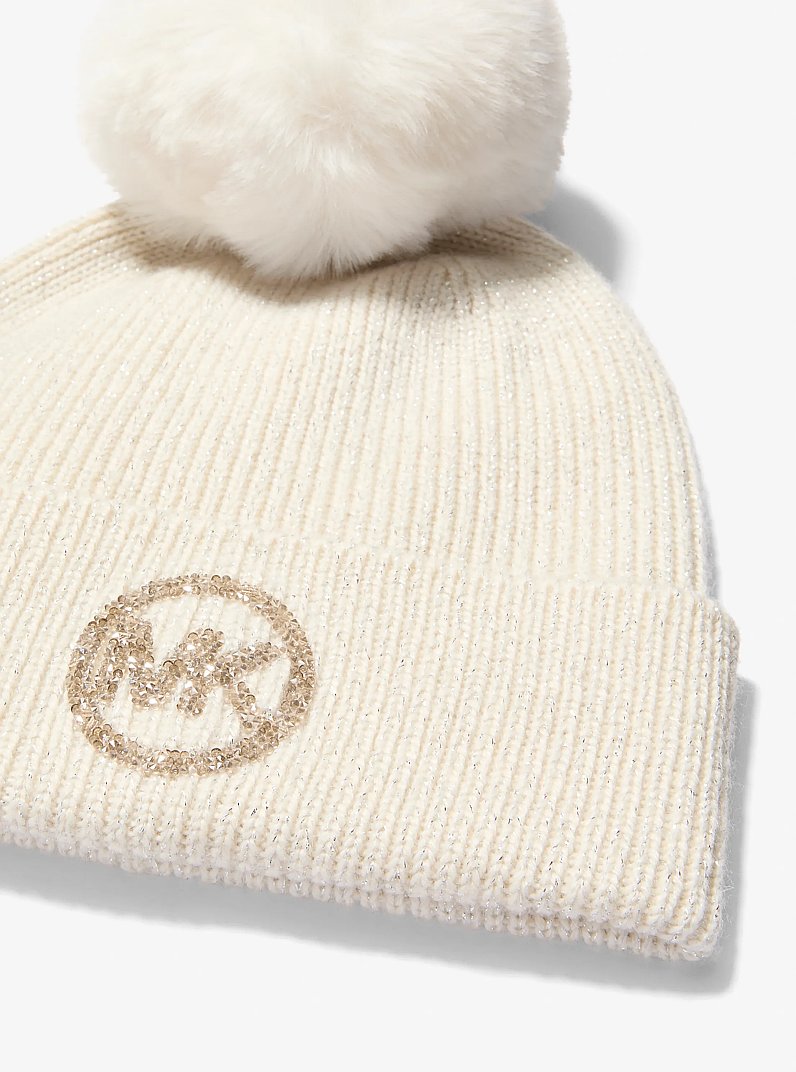 Metallic Knit Beanie Hat and Scarf Set in LIGHT CREAM | Michael Kors
