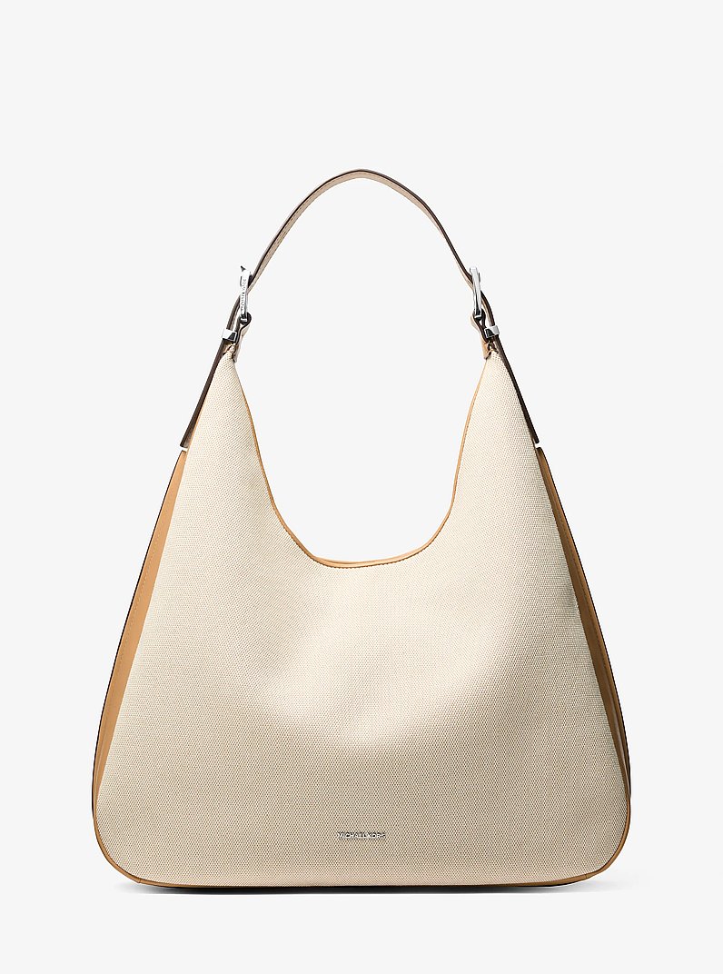 Nolita Large Two-Tone Canvas Hobo Shoulder Bag in PEANUT | Michael Kors