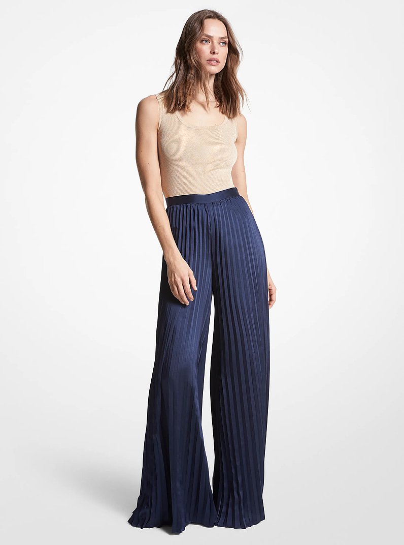 Pleated Satin Wide-Leg Pants