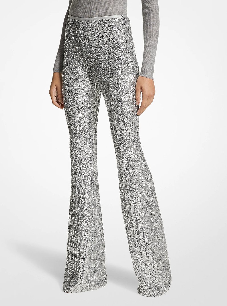 Sequined Stretch Tulle Flared Pants in SILVER | Michael Kors
