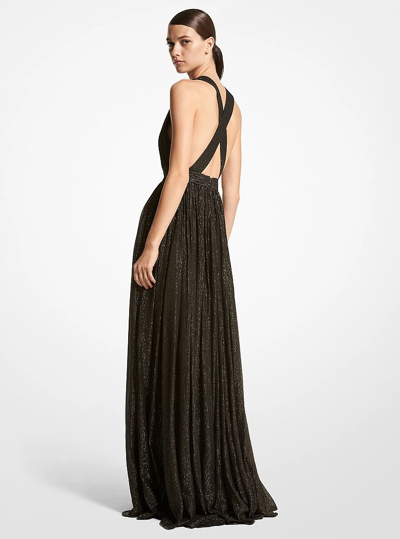 Hutton Metallic Striped Lam&eacute; Chiffon Gown