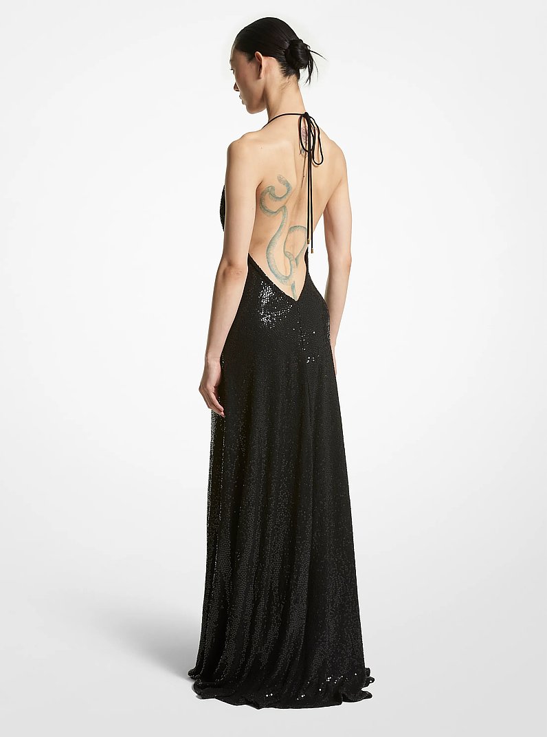 Hand-Embroidered Sequin Viscose Cowl Gown