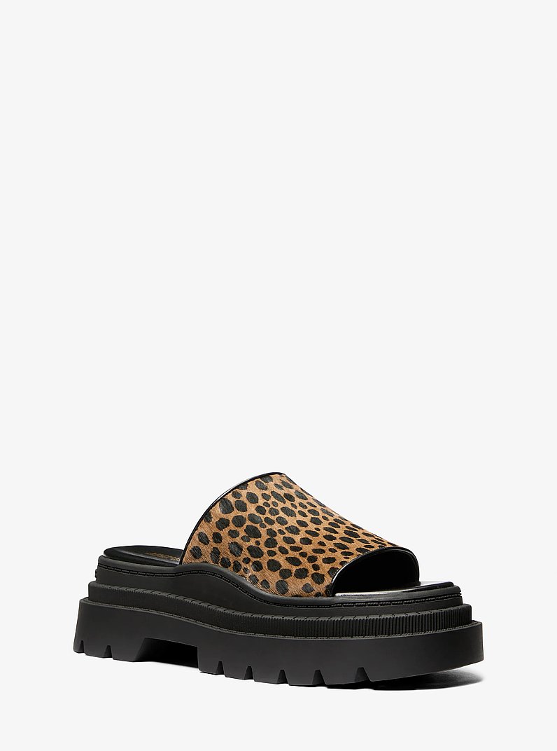 Kendra Cheetah Print Calf Hair Platform Slide Sandal in HUSK MULTI | Michael Kors