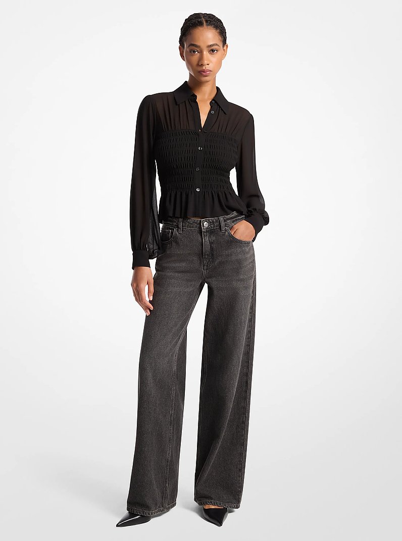 Smocked Georgette Shirt in BLACK | Michael Kors