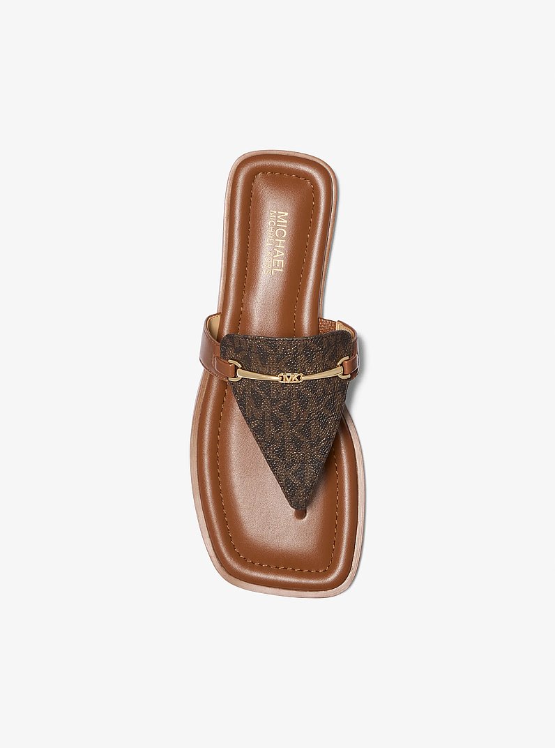 Lena Signature Logo and Leather T-Strap Sandal in BROWN/LUGGAGE | Michael Kors