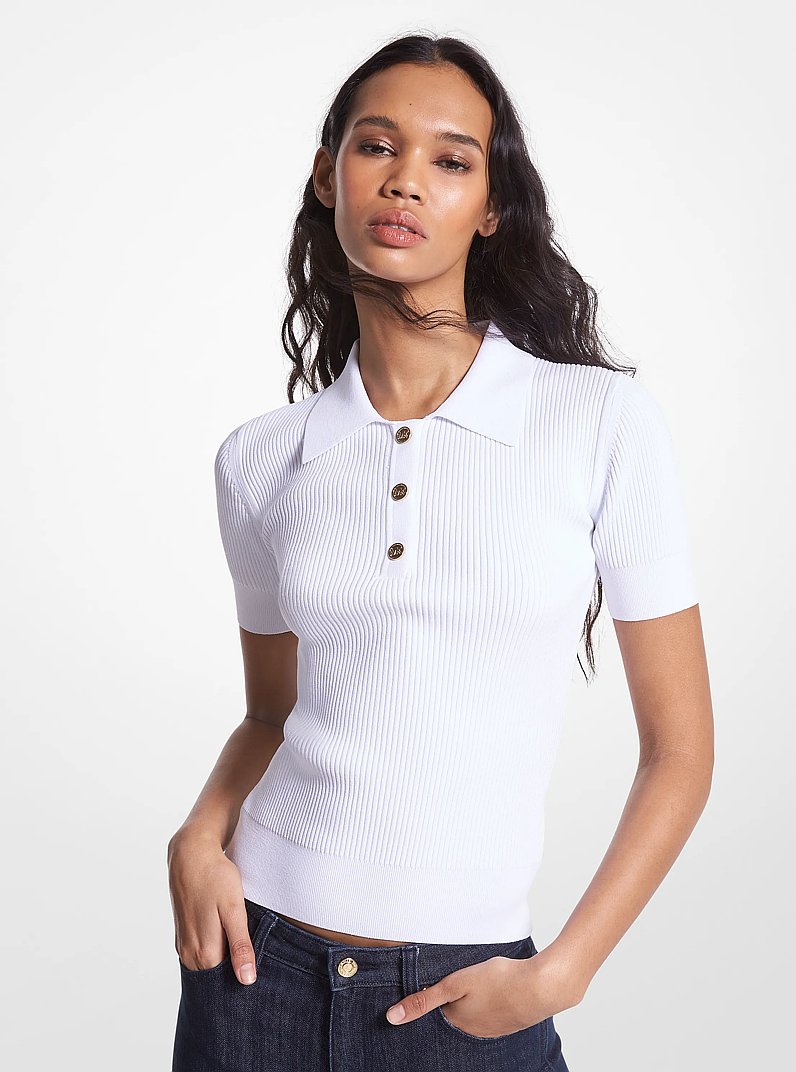Ribbed Stretch Knit Polo Shirt in WHITE | Michael Kors