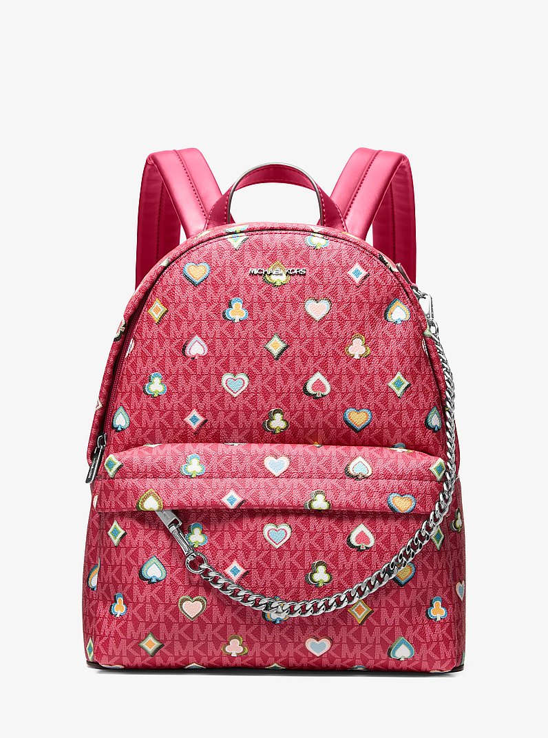 Slater Medium Printed Signature Logo Backpack in DK RASPBERRY