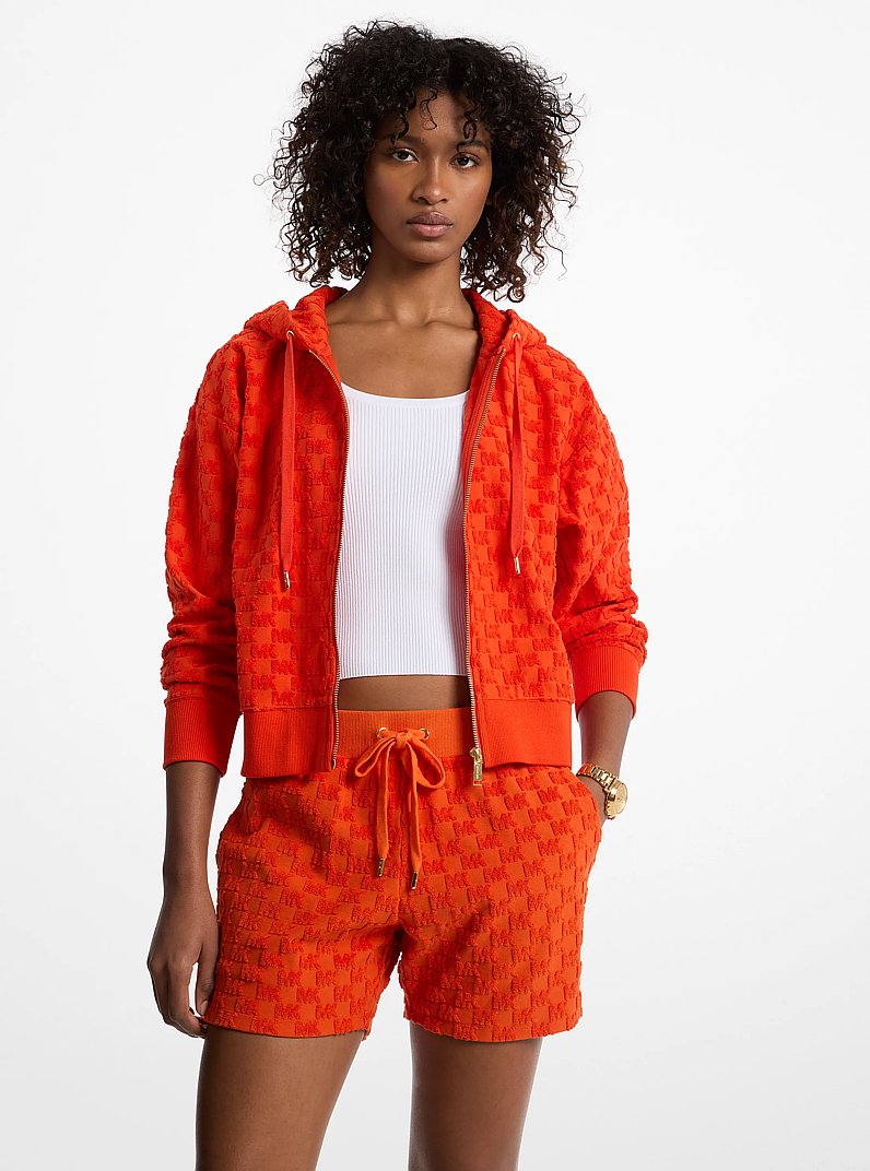 Logo Jacquard Terry Cropped Zip-Up Hoodie in RED CLAY | Michael Kors