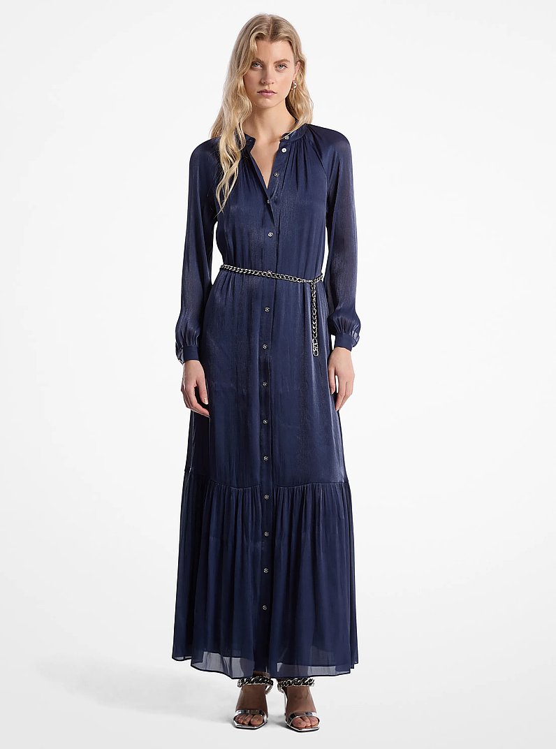 Metallic Crinkled Georgette Belted Kaftan Dress in MIDNIGHTBLUE | Michael Kors