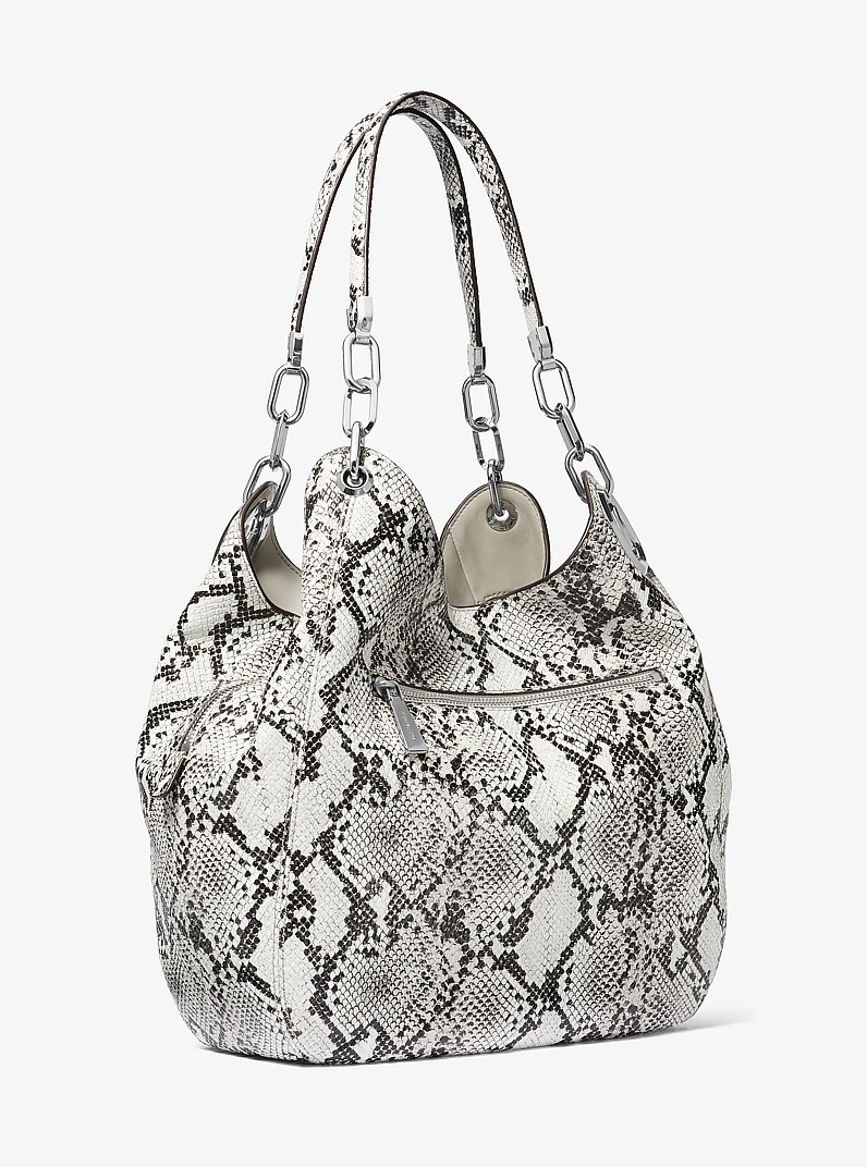 Lillie Large Snake Embossed Leather Shoulder Bag in ALUMINUM | Michael Kors