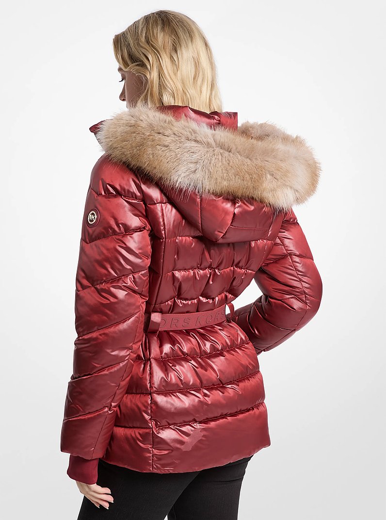 Faux Fur Trim Belted Puffer Jacket in CHERRY | Michael Kors