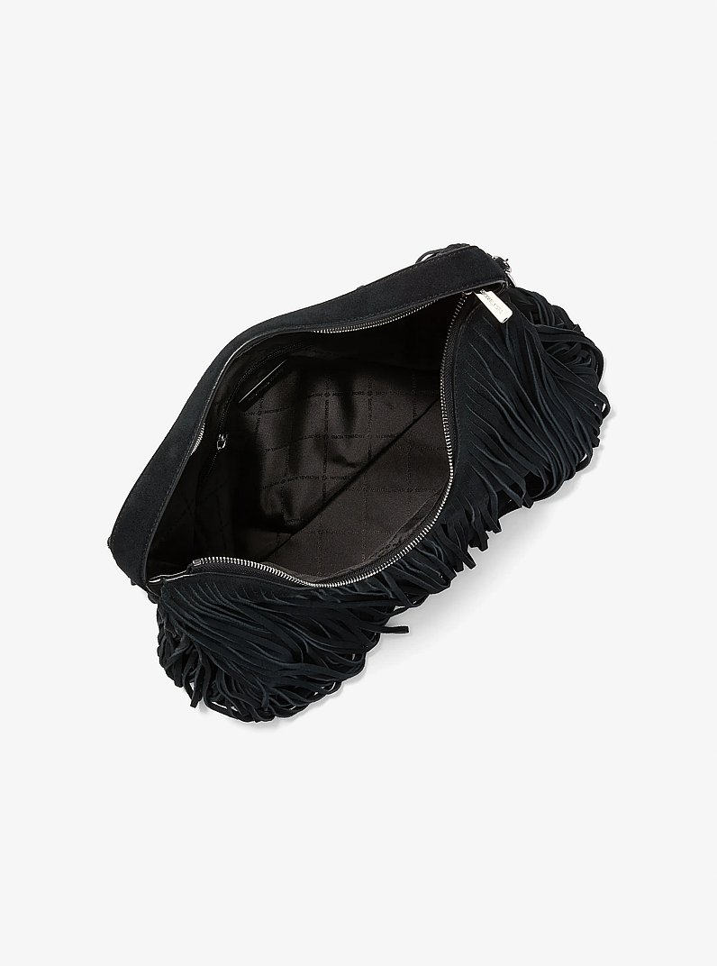 Sac &agrave; &eacute;paule boh&egrave;me Nayla de taille moyenne en su&egrave;de &agrave; franges in NOIR | Michael Kors