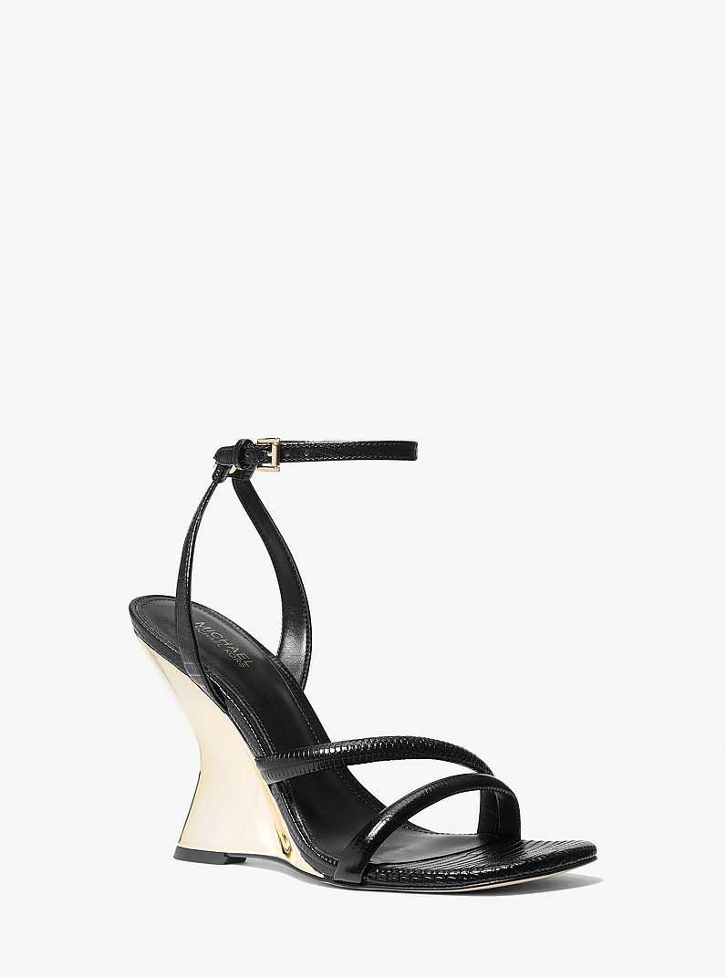 Nadina Lizard Embossed Leather Wedge Sandal in BLACK | Michael Kors