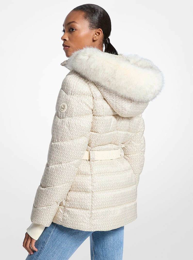 Faux Fur Trim Belted Puffer Jacket in BONE | Michael Kors