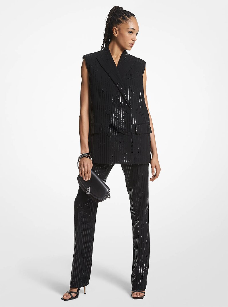 Pinstripe Sequined Crepe Sleeveless Blazer in BLACK | Michael Kors