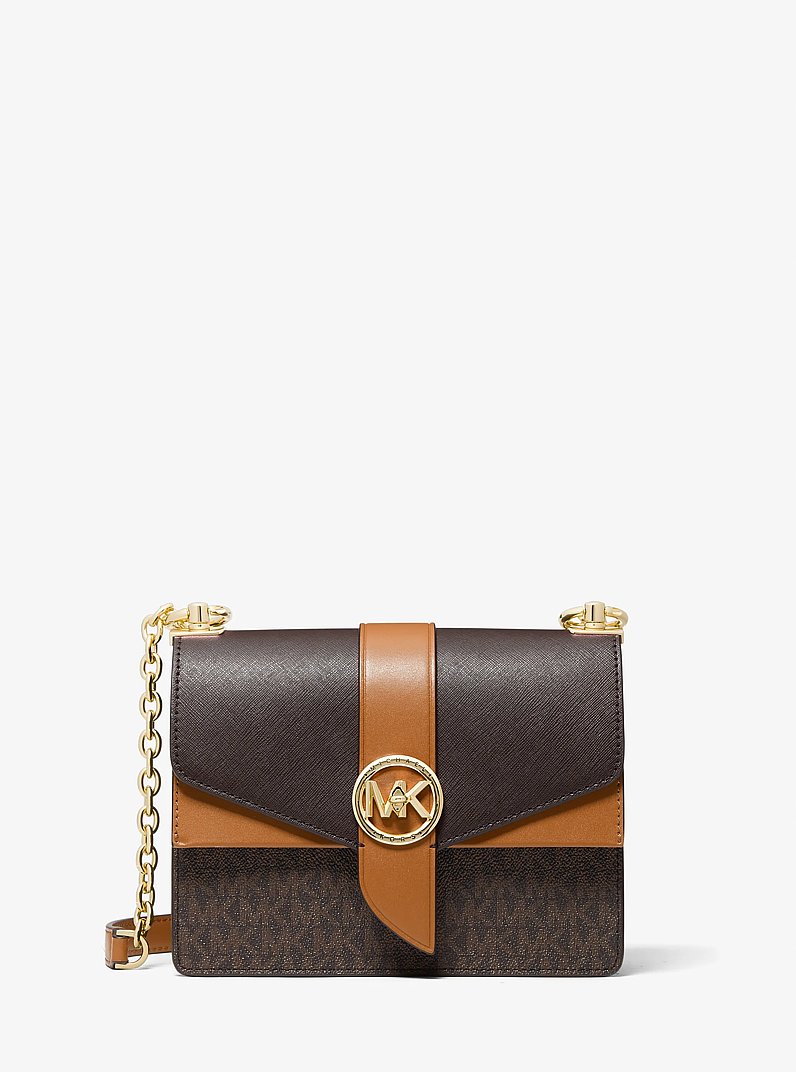 Greenwich Small Color-Block Logo and Saffiano Leather Crossbody Bag in BRN/ACORN | Michael Kors
