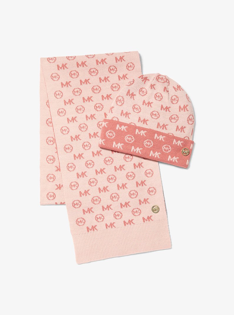 Logo Jacquard Knit Beanie Hat and Scarf Set in SUNSET ROSE | Michael Kors