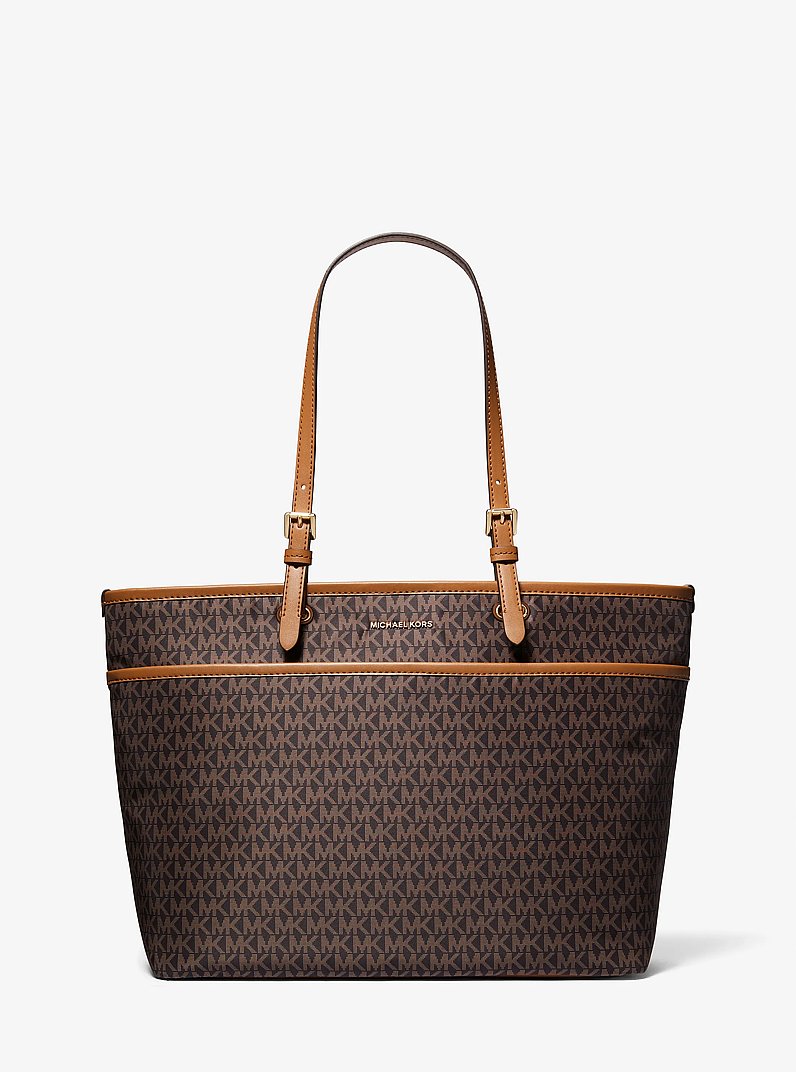 Winston Large Signature Logo Print Woven Pocket Tote Bag in BRN/ACORN | Michael Kors