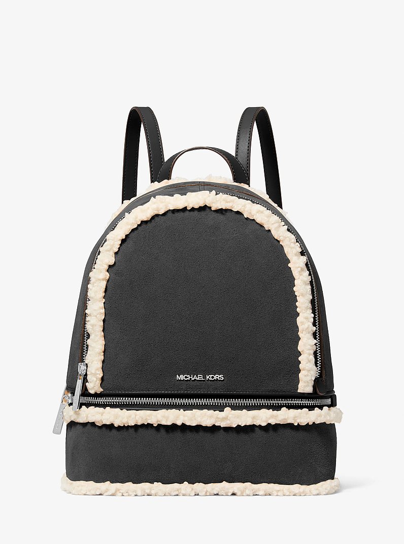 Rhea Medium Suede and Faux Shearling Backpack in BLACK | Michael Kors