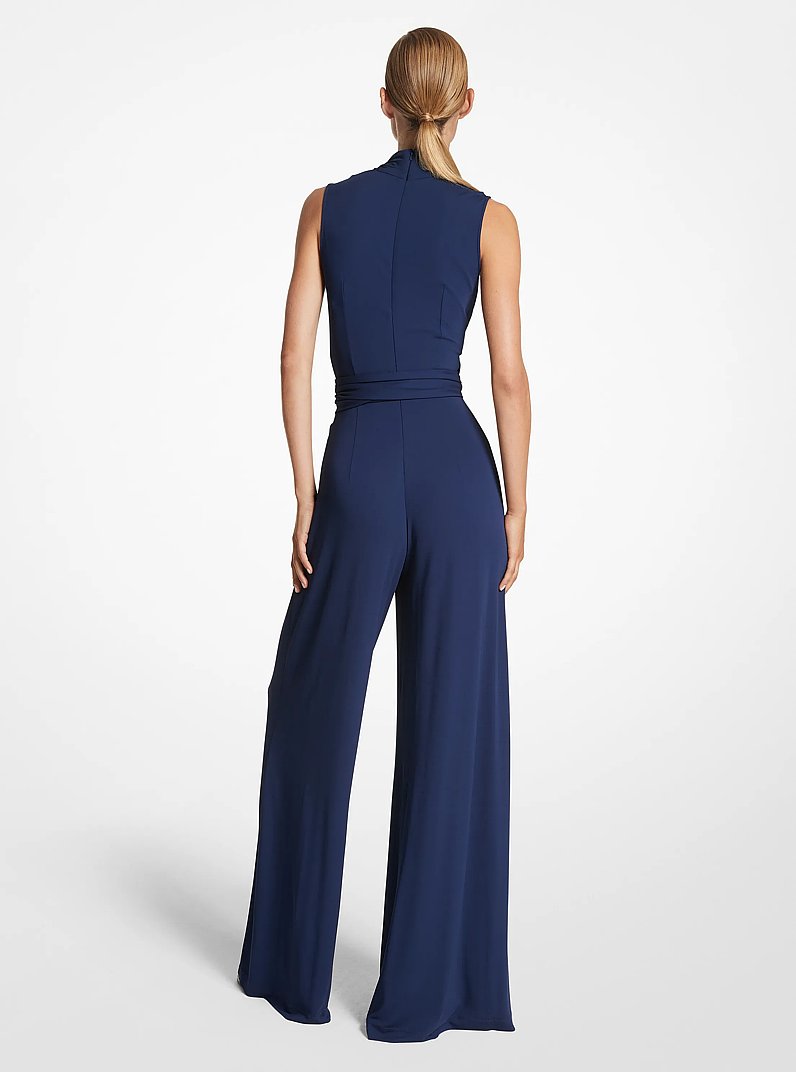 Stretch Matte Jersey Tie-Waist Palazzo Jumpsuit in NAVY | Michael Kors