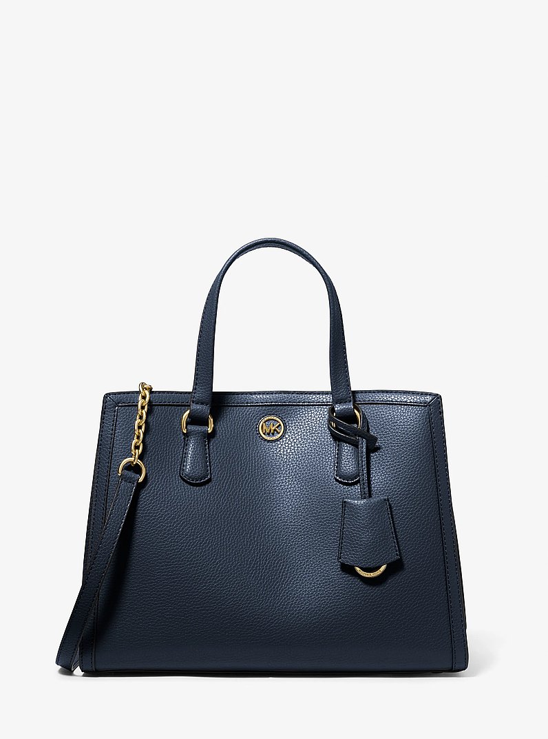 Chantal Medium Pebbled Leather Satchel in NAVY | Michael Kors