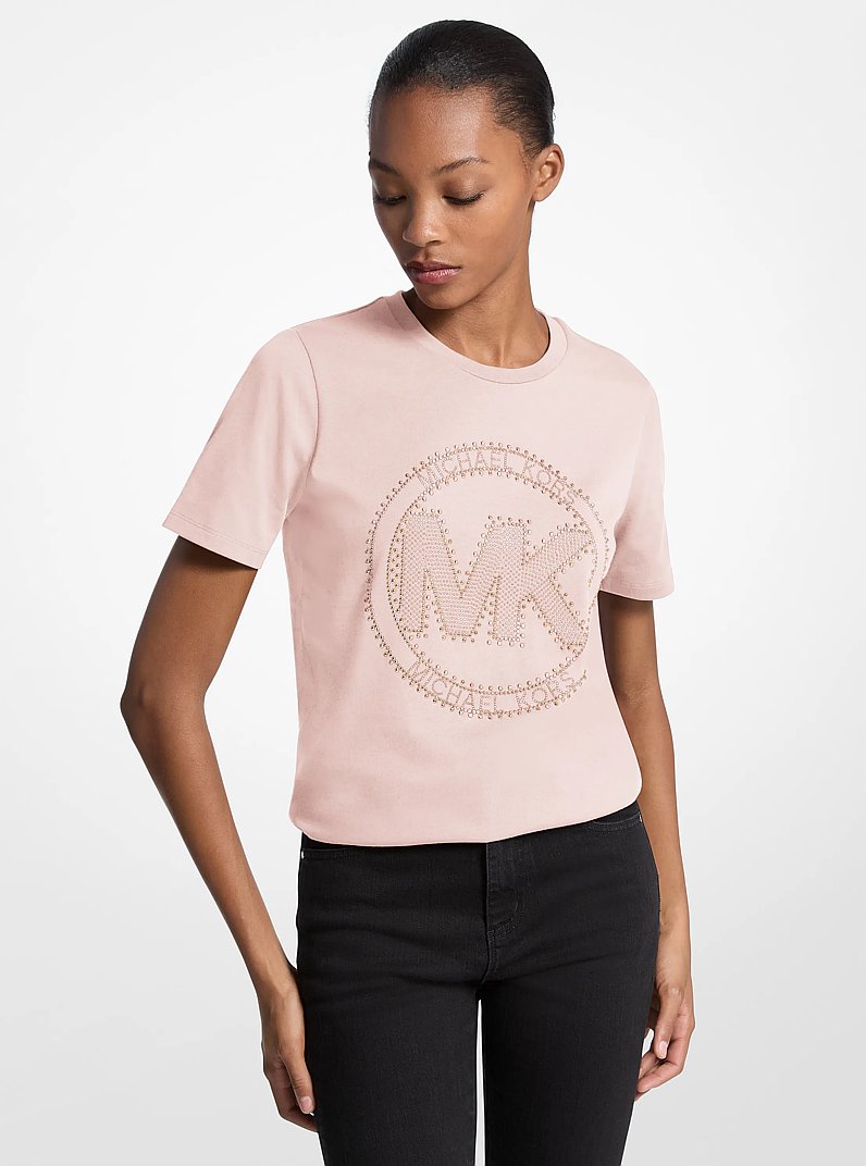 Studded Logo Charm Organic Cotton Jersey T-Shirt in POWDER BLUSH | Michael Kors
