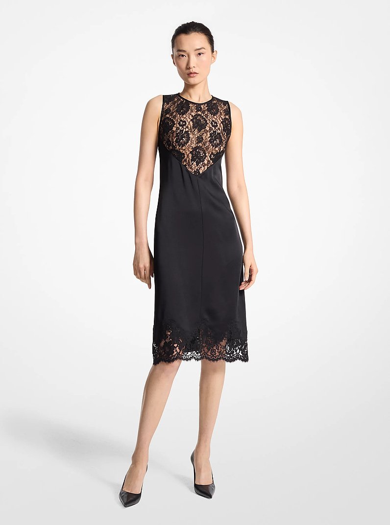 Lace Trim Satin Charmeuse Dress