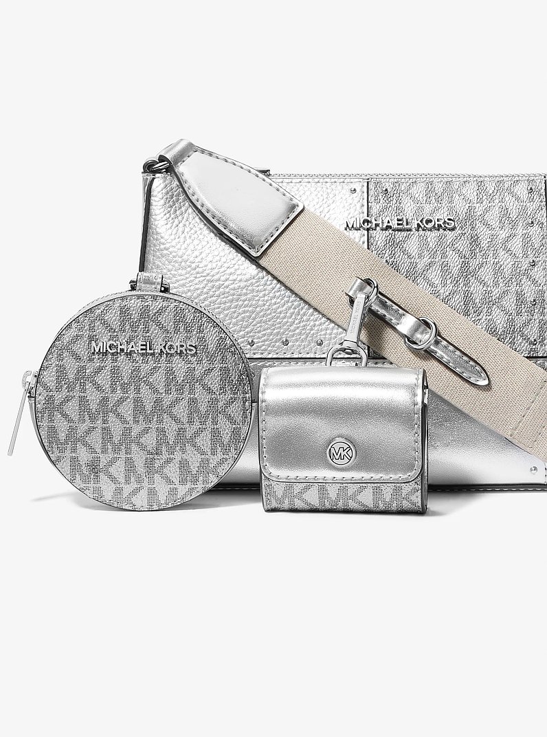 Jet Set Travel Small Metallic Patchwork and Signature Logo Crossbody Bag in SILVER | Michael Kors