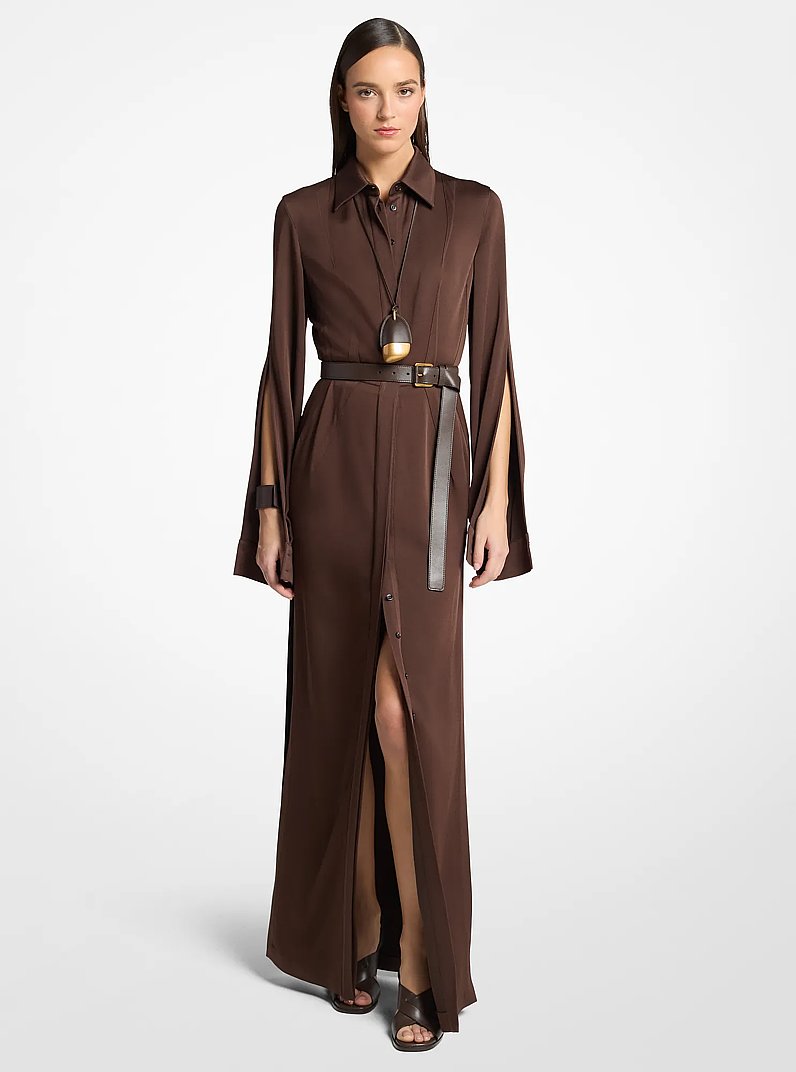 Techno Satin Slit-Sleeve Shirtdress in ESPRESSO | Michael Kors