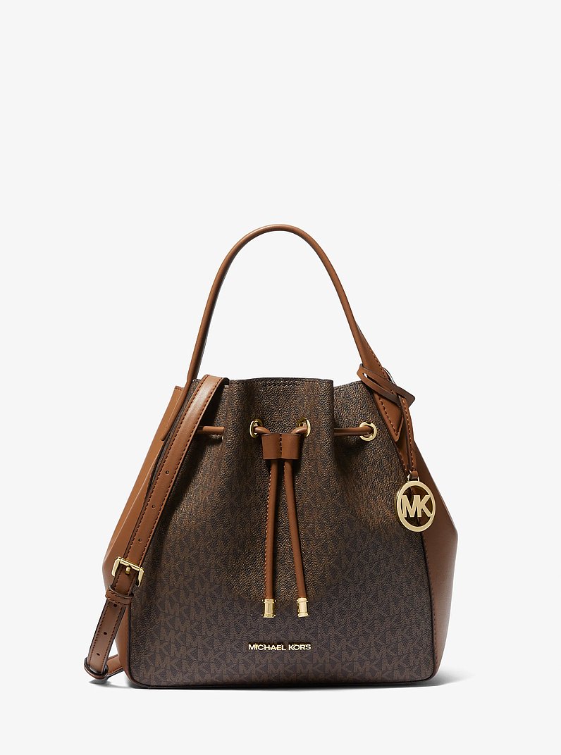 Phoebe Large Two-Tone Logo Bucket Bag in BROWN | Michael Kors