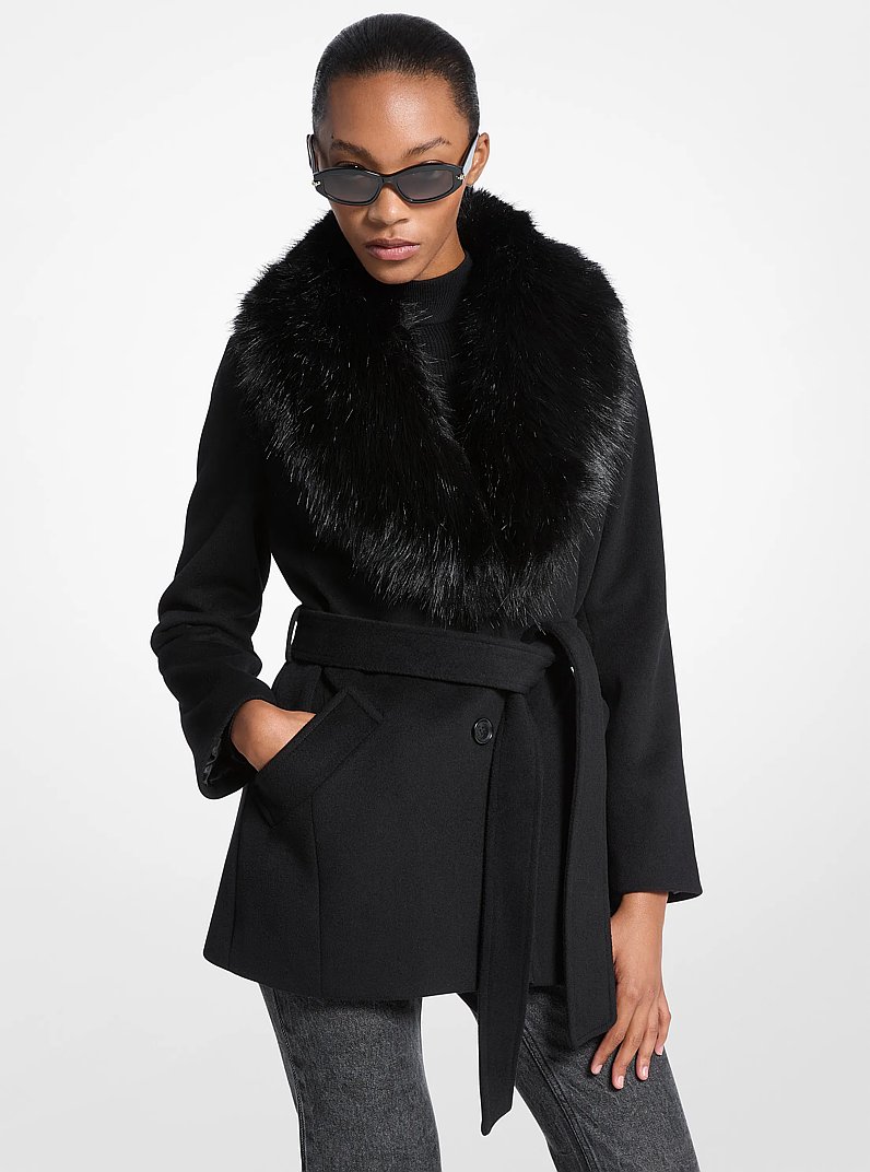 Faux Fur Trim Wool Blend Coat in BLACK | Michael Kors