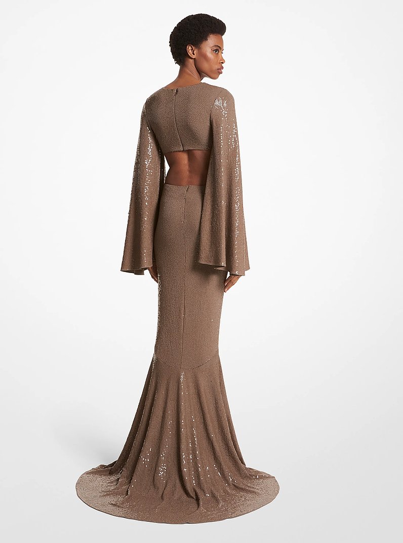 Hand-Embroidered Sequin Stretch Matte Jersey Fishtail Gown in MOCHA | Michael Kors