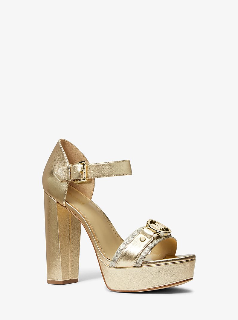 Rory Metallic Leather and Signature Logo Platform Sandal in PALE GOLD | Michael Kors
