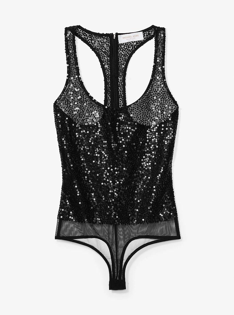 Hand-Embroidered Sequin Stretch Tulle Bodysuit in BLACK | Michael Kors