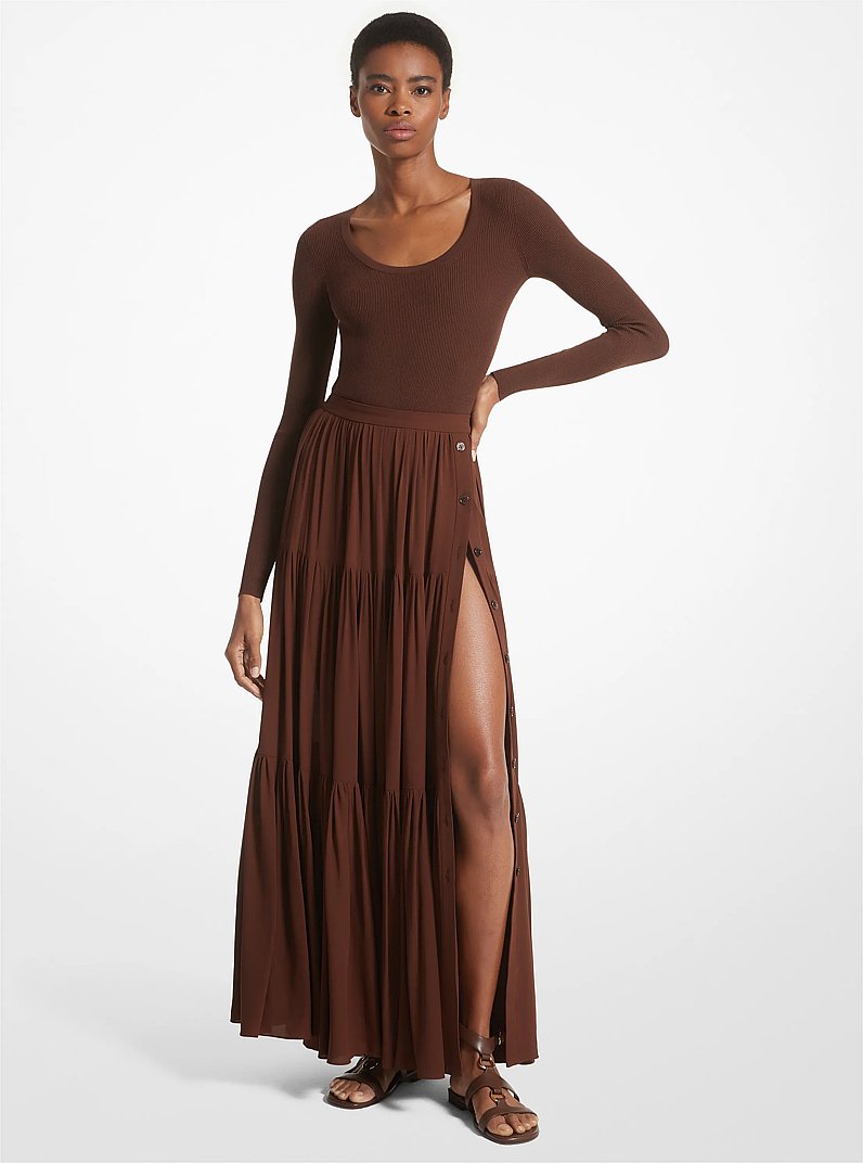 Silk Georgette Button-Front Skirt in NUTMEG | Michael Kors