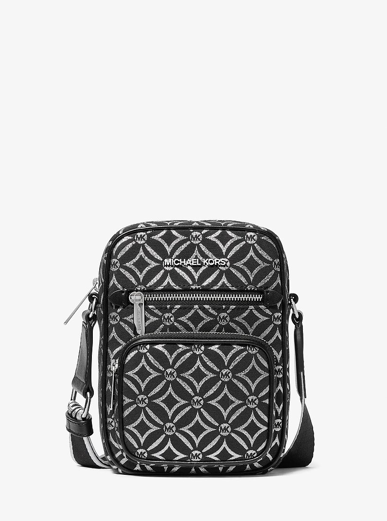 Bolsa cruzada Jet Set mediana de jacquard con logotipo met&aacute;lico in NEGRO/PLATEADO | Michael Kors