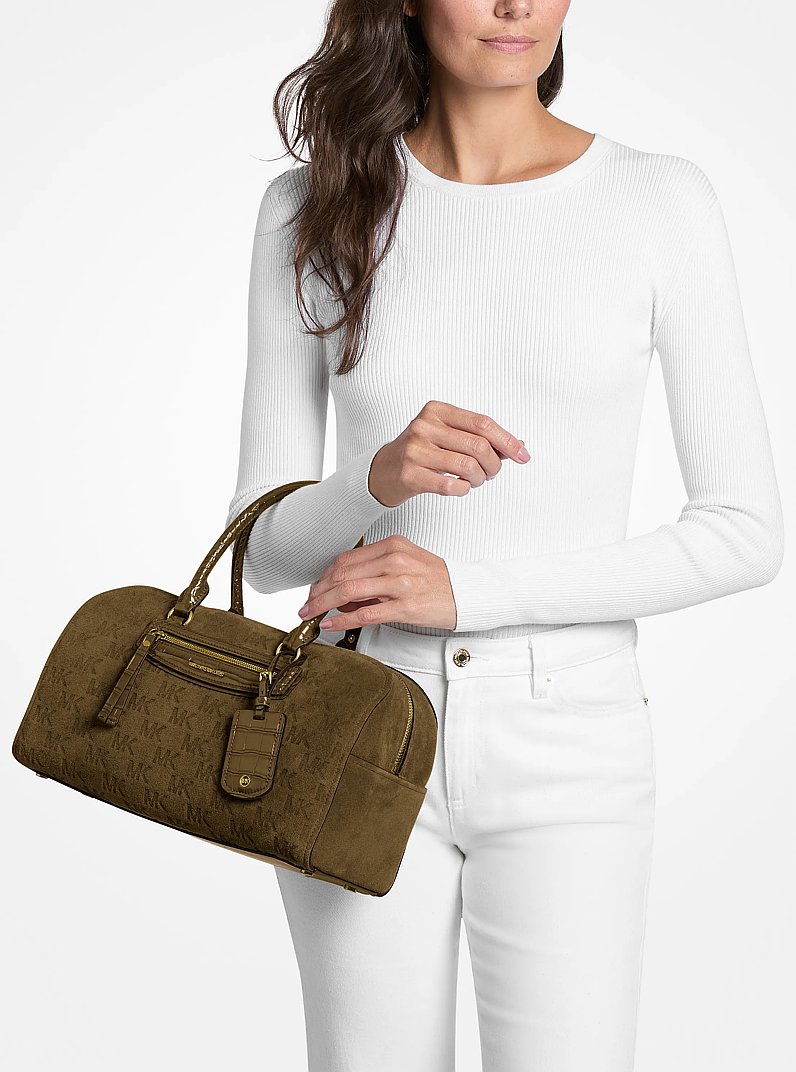 Jet Set Travel Medium Logo Embossed Suede Duffel Crossbody Bag
