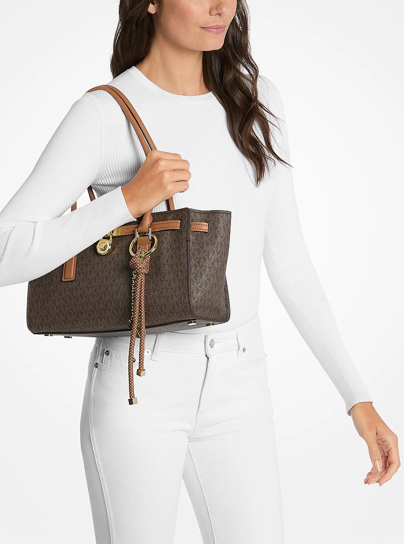 Hamilton Moderne Small Signature Logo Satchel in BROWN/BLK | Michael Kors