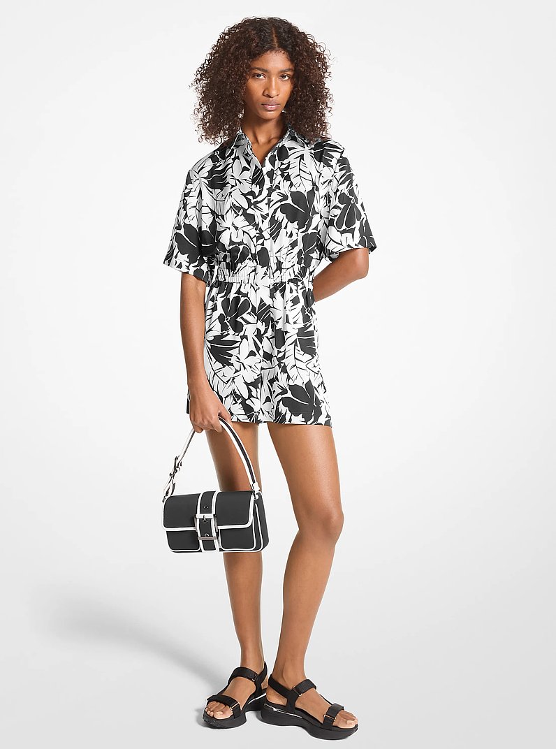 Palm Print Satin Romper in BLACK/WHITE | Michael Kors