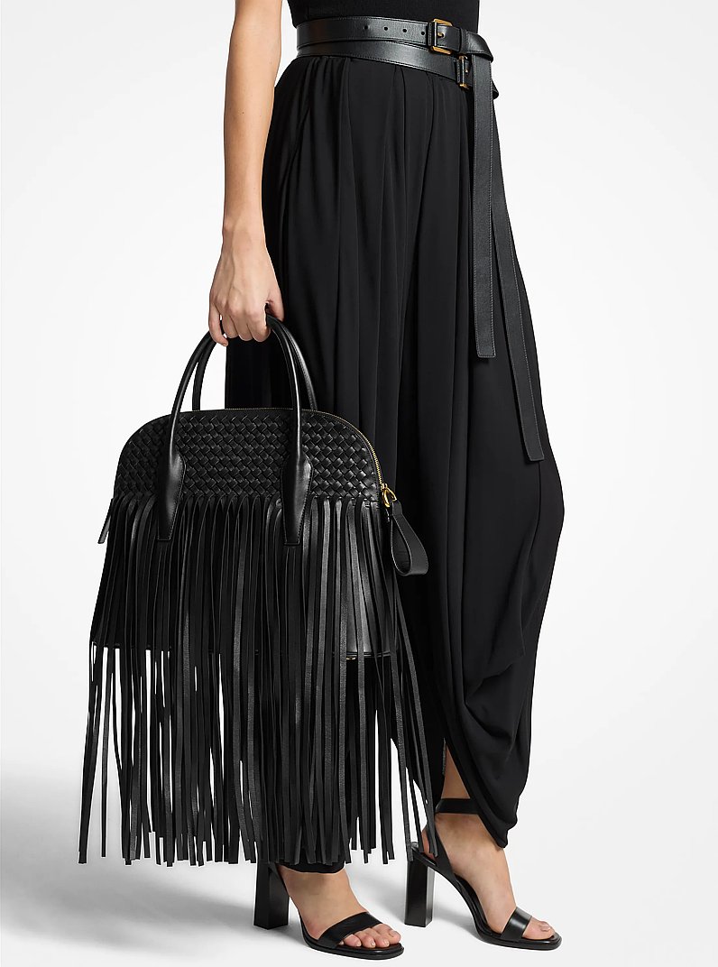 Kaitlin Large Fringed Woven Leather Dome Satchel in NEGRO | Michael Kors